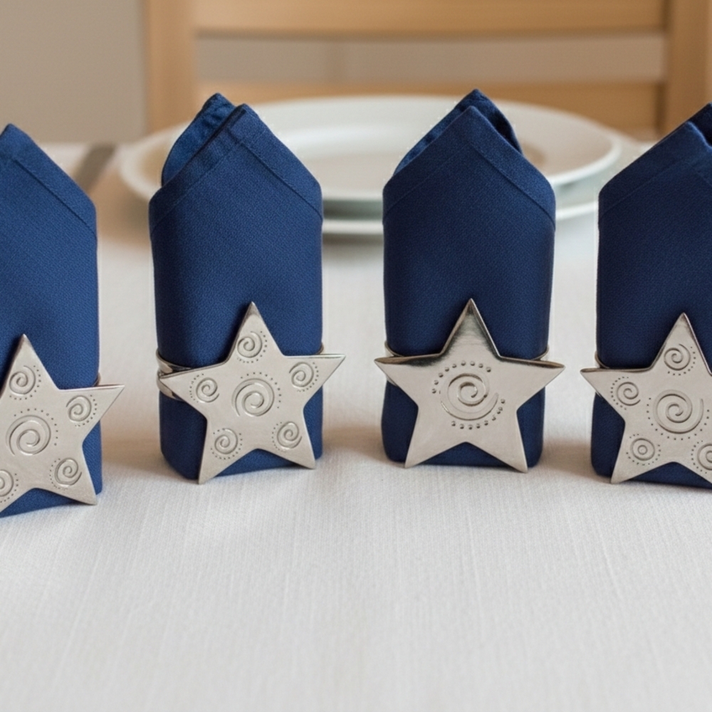 Pier One Star Napkin Rings 4 silver plate with 5 place card holders In box